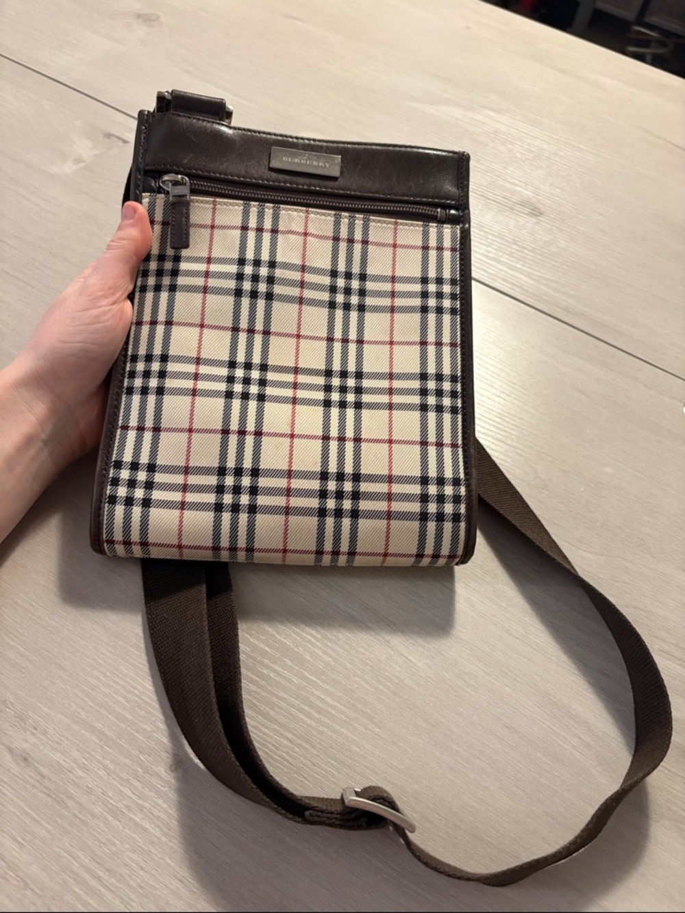 Burberry Beige Black Red Plaid Messenger Bag with‎ Brown Strap